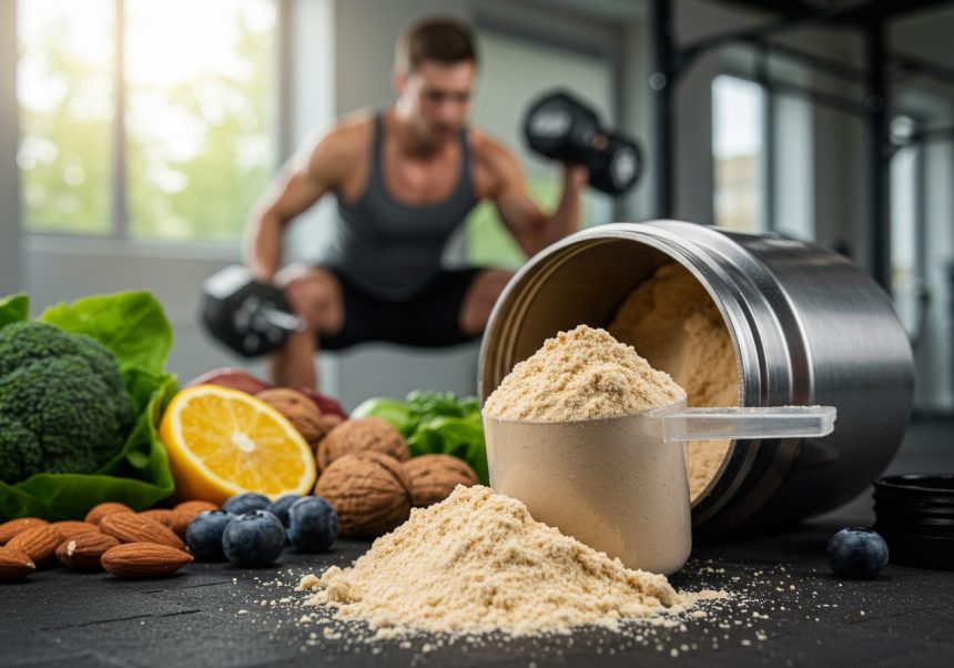 Muž cvičí s činkami, vedľa neho je srvátkový proteín a zdravé potraviny.