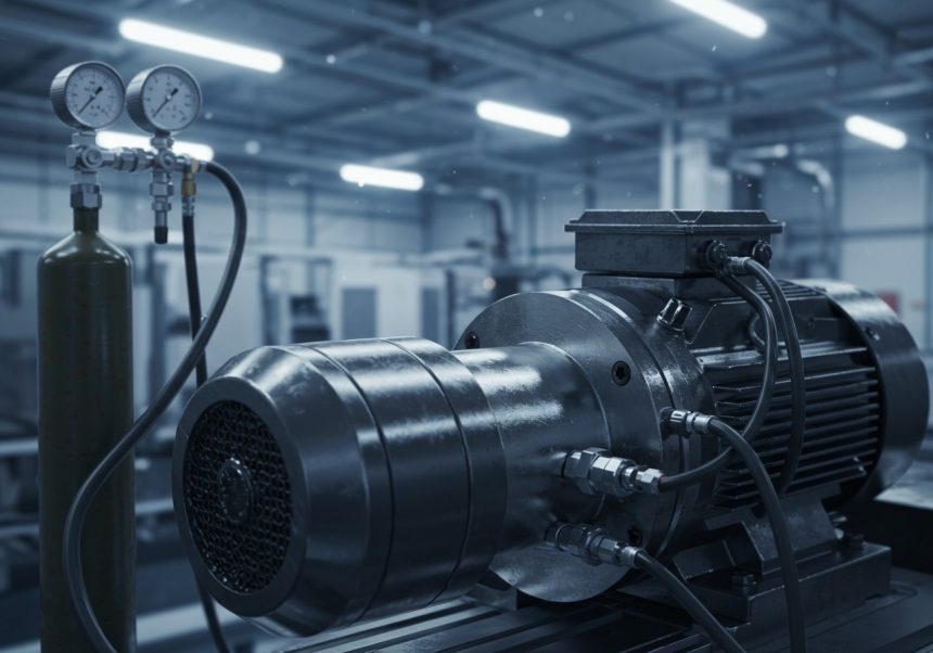 Pneumatický motor s tlakomerom a zásobníkom stlačeného vzduchu v priemyselnom prostredí.