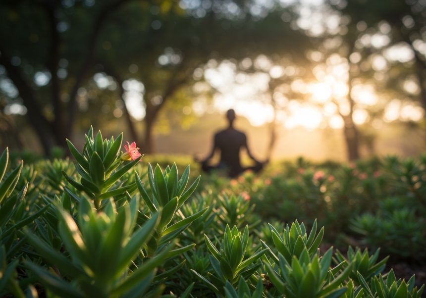 Zelené rastliny s kvetmi a meditujúca postava v pozadí na slnečnom mieste.
