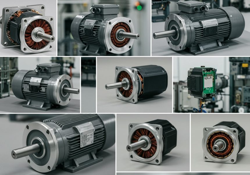 Rôzne typy elektromotorov s viditeľnými cievkami a rotorom.