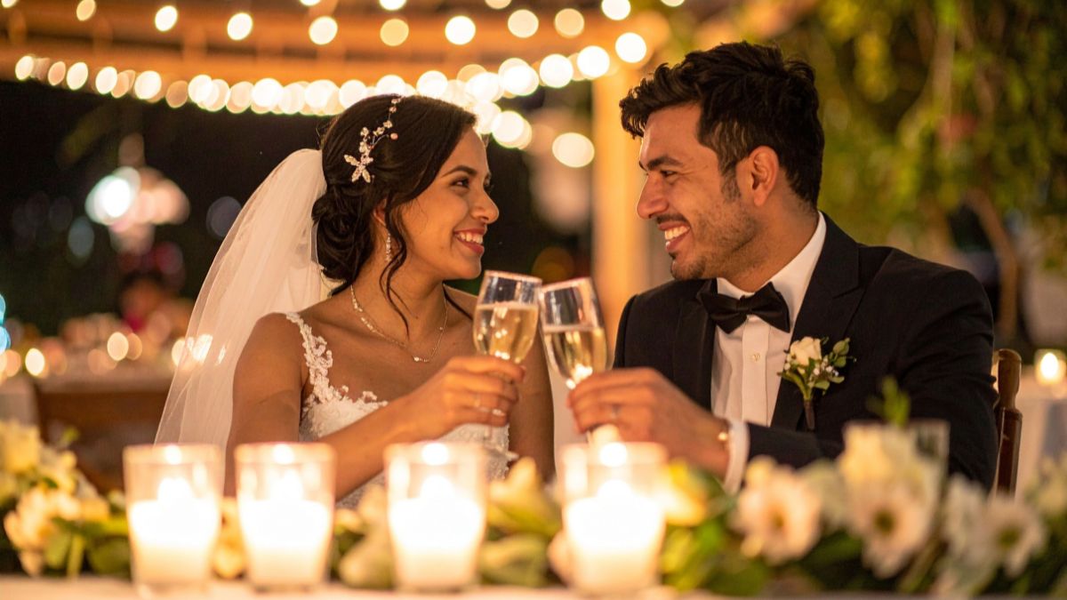 Šťastný pár na svadobnej hostine, oslavujúci s pohármi šampanského.