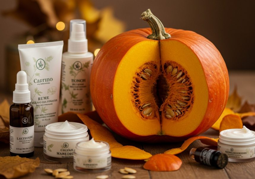 Rozkrojená tekvica obklopená prírodnou kozmetikou a jesennými listami.