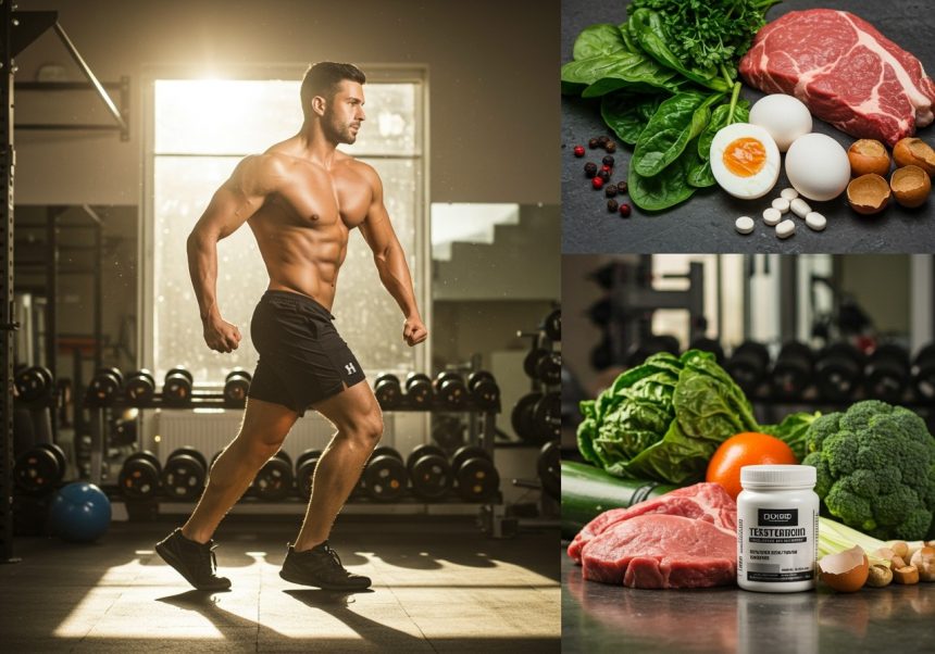 Muž s vypracovanou postavou cvičí v posilňovni, okolo sú zdravé potraviny.