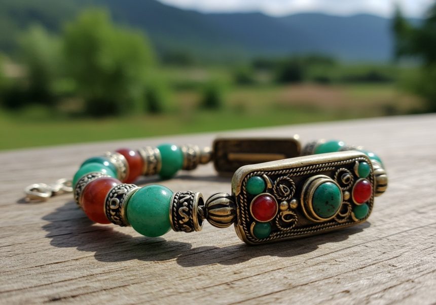 Tibetský náramok s farebnými korálkami a striebornými detailmi na drevenom stole.