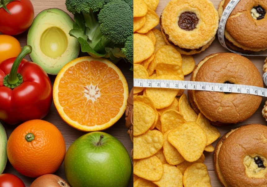 Zelenina a ovocie na jednej strane, spracované potraviny na druhej strane.