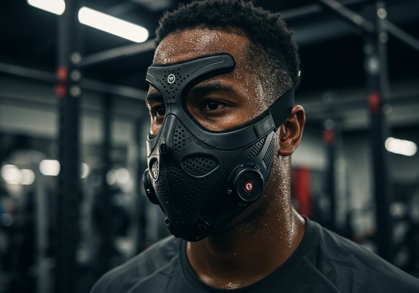 Muž v tréningovej maske, potiac sa v posilňovni, zameraný na výkon.