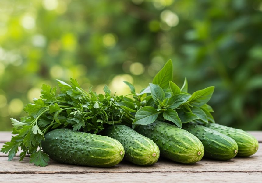 Čerstvé uhorky a bylinky na drevenej doske v prírodnom prostredí.