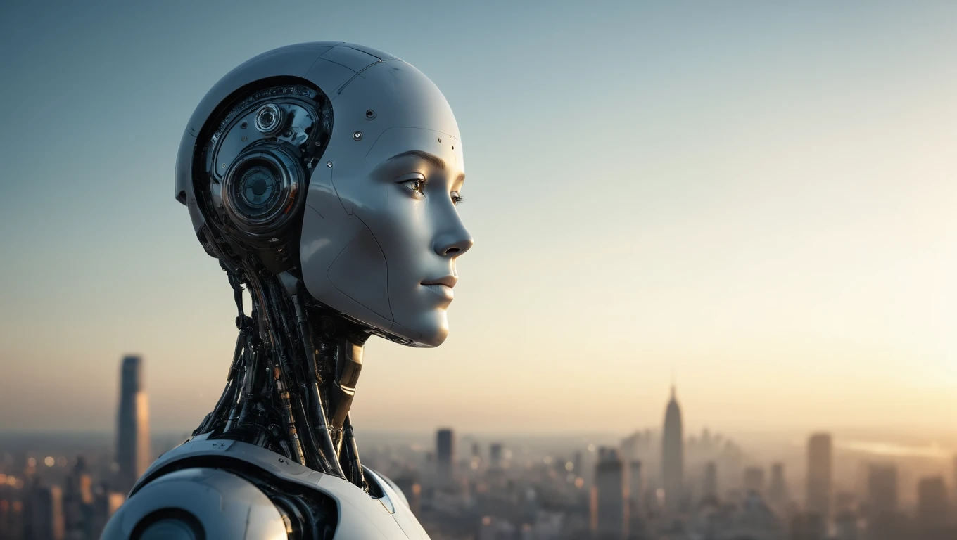 Robotická hlava s futuristickým dizajnom, pozorujúca mestskú panorámu.