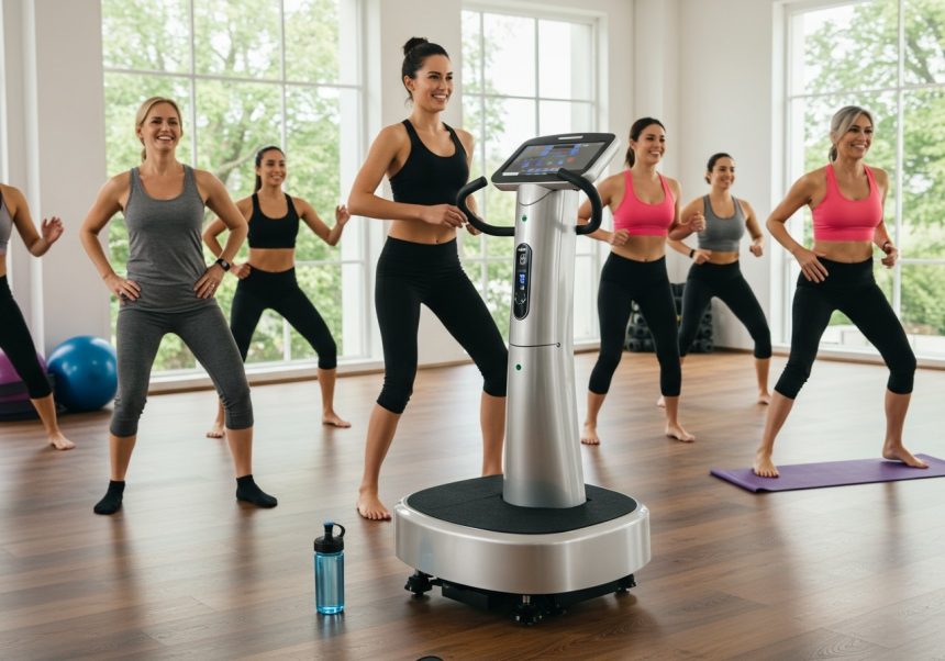 Skupina žien cvičí na vibračnej plošine v modernom fitness štúdiu.