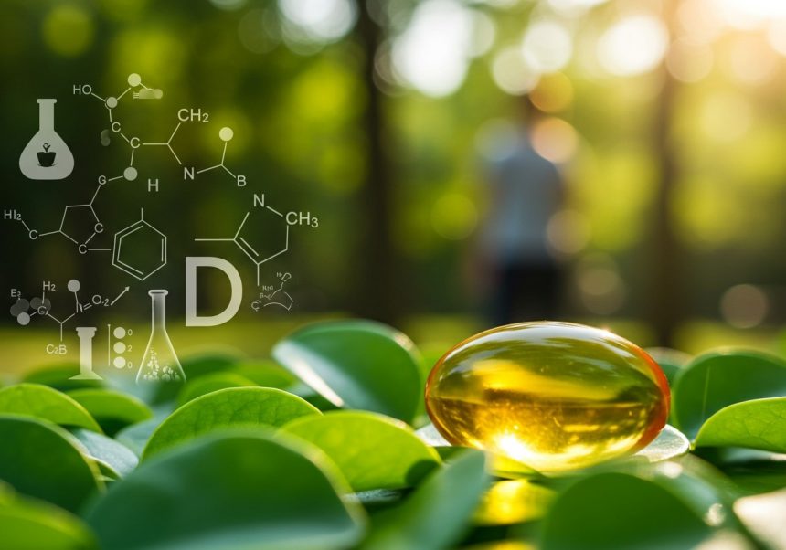 Žltá kapsula vitamínu D leží na zelených listoch v prírodnom prostredí.