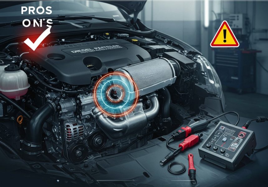 Detail motorového priestoru s DPF filtrom a diagnostickým prístrojom.