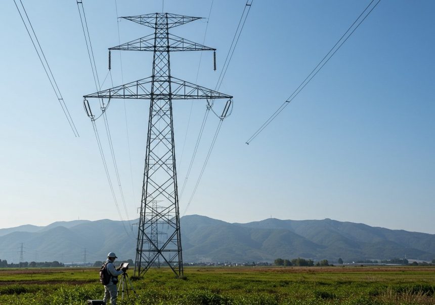 Vysoké napätie s elektrickým vedením v prírode, s pracovníkom v teréne.