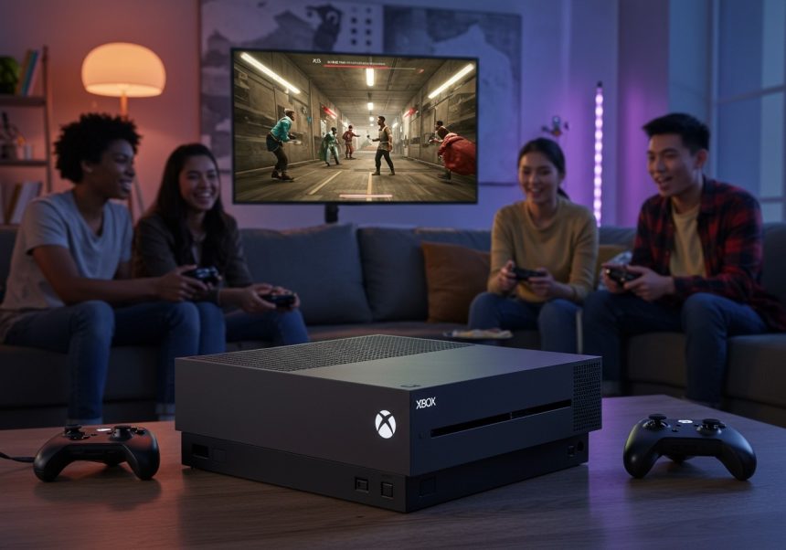 Skupina priateľov sa zabáva pri hraní hier na Xboxe pred televízorom.