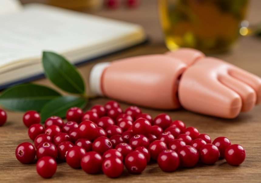 Čerstvé brusnice na drevenom stole s umelou rukou a zápisníkom v pozadí.