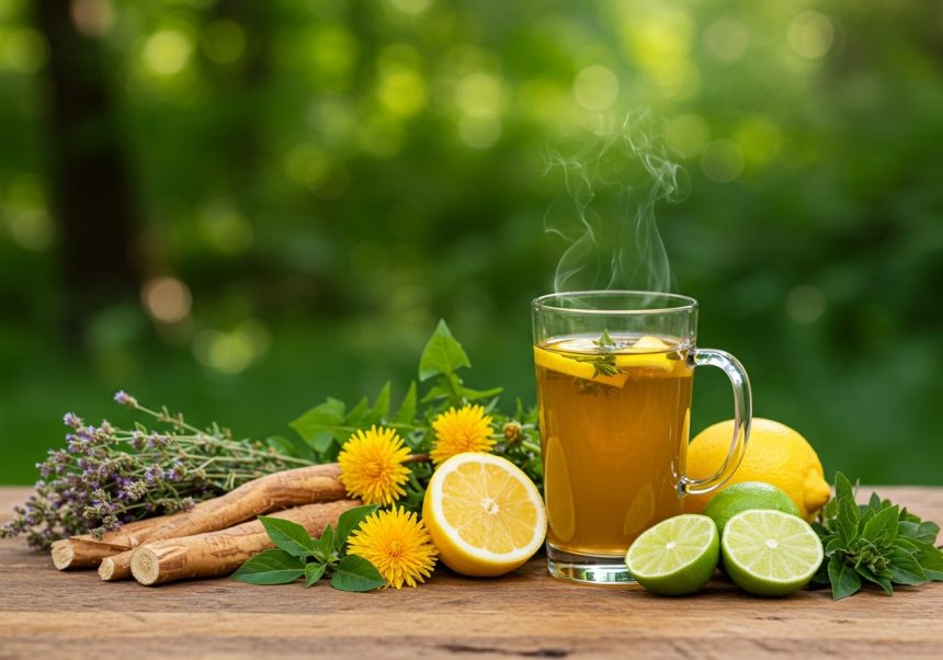 Hrnček teplého bylinkového čaju s citrónom, okolo sú bylinky a citrusy.