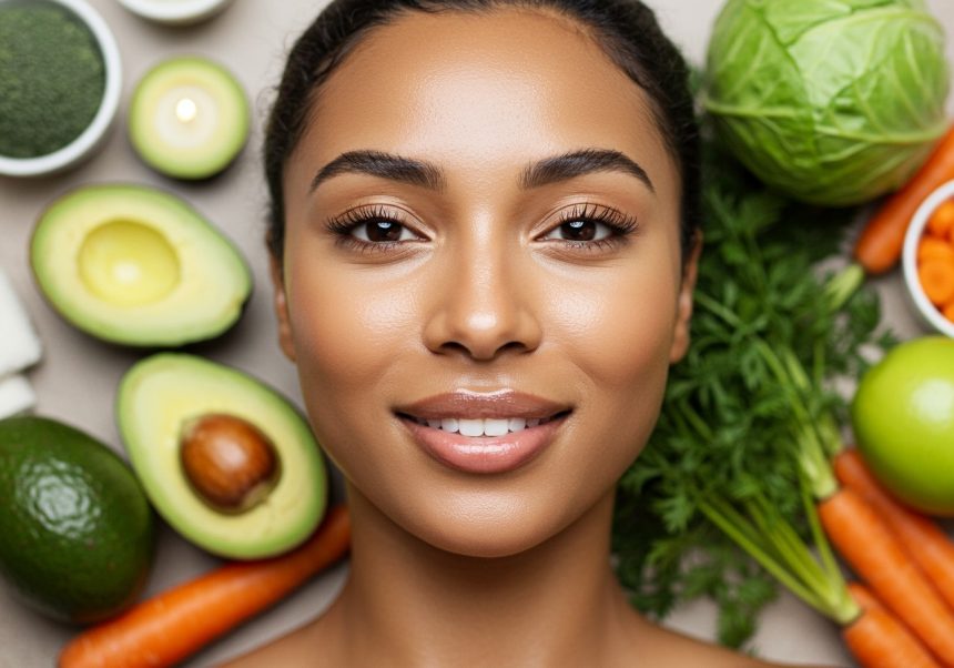 Žena s žiarivou pokožkou obklopená zeleninou bohatou na vitamín A.