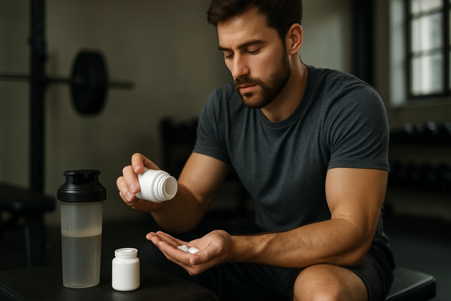 Muž užívajúci doplnky výživy pre športový výkon a regeneráciu.