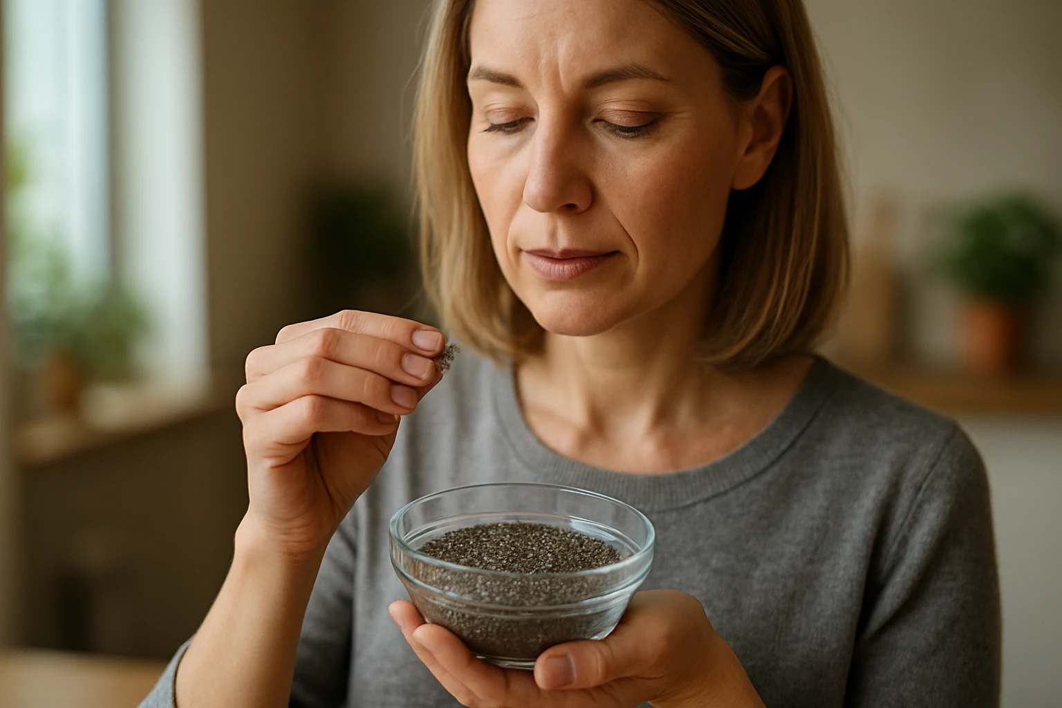 Žena skúma chia semienka v sklenenej miske, symbol zdravia a vitality.