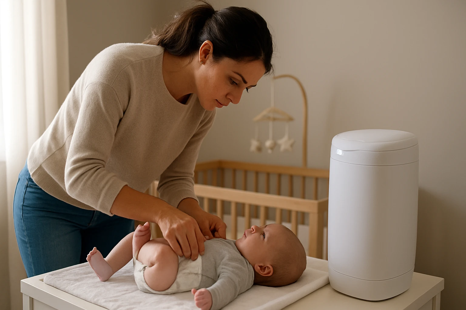 Matka mení plienku dieťaťu s Angelcare kôš na plienky v pozadí.