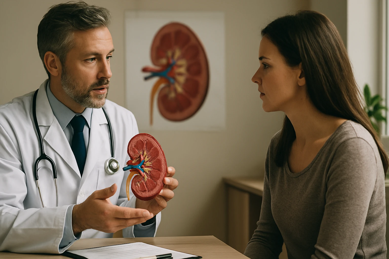 Lekár vysvetľuje funkciu obličiek pacientke s modelom obličky.