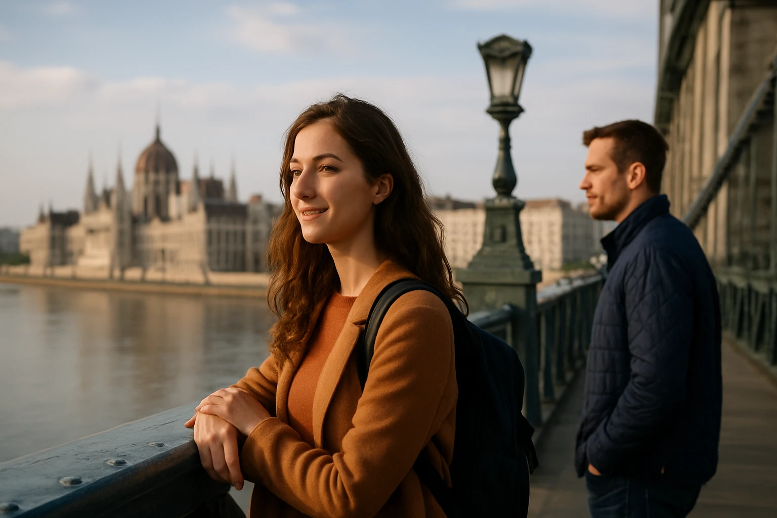Pár na moste s pohľadom na Budapešťsku parlamentnú budovu.