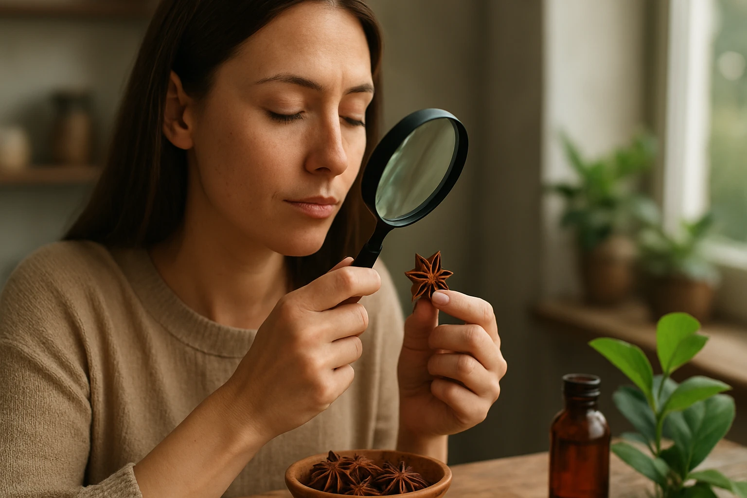Žena skúma hviezdovku pomocou lupy s bylinami na stole