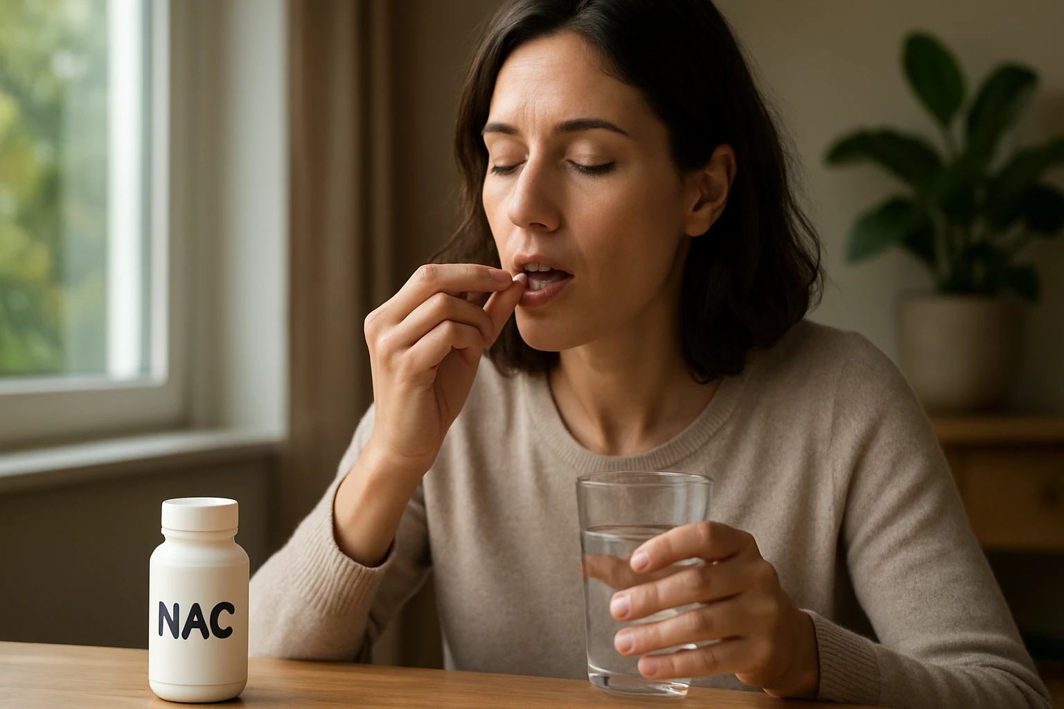 Žena užívajúca NAC doplnok s pohárom vody