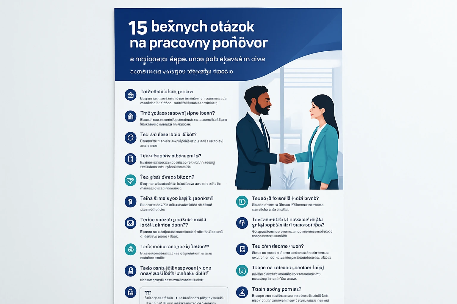 Infografika s 15 bežnými otázkami na pracovný pohovor, zobrazuje rozhovor medzi dvoma profesionálmi.