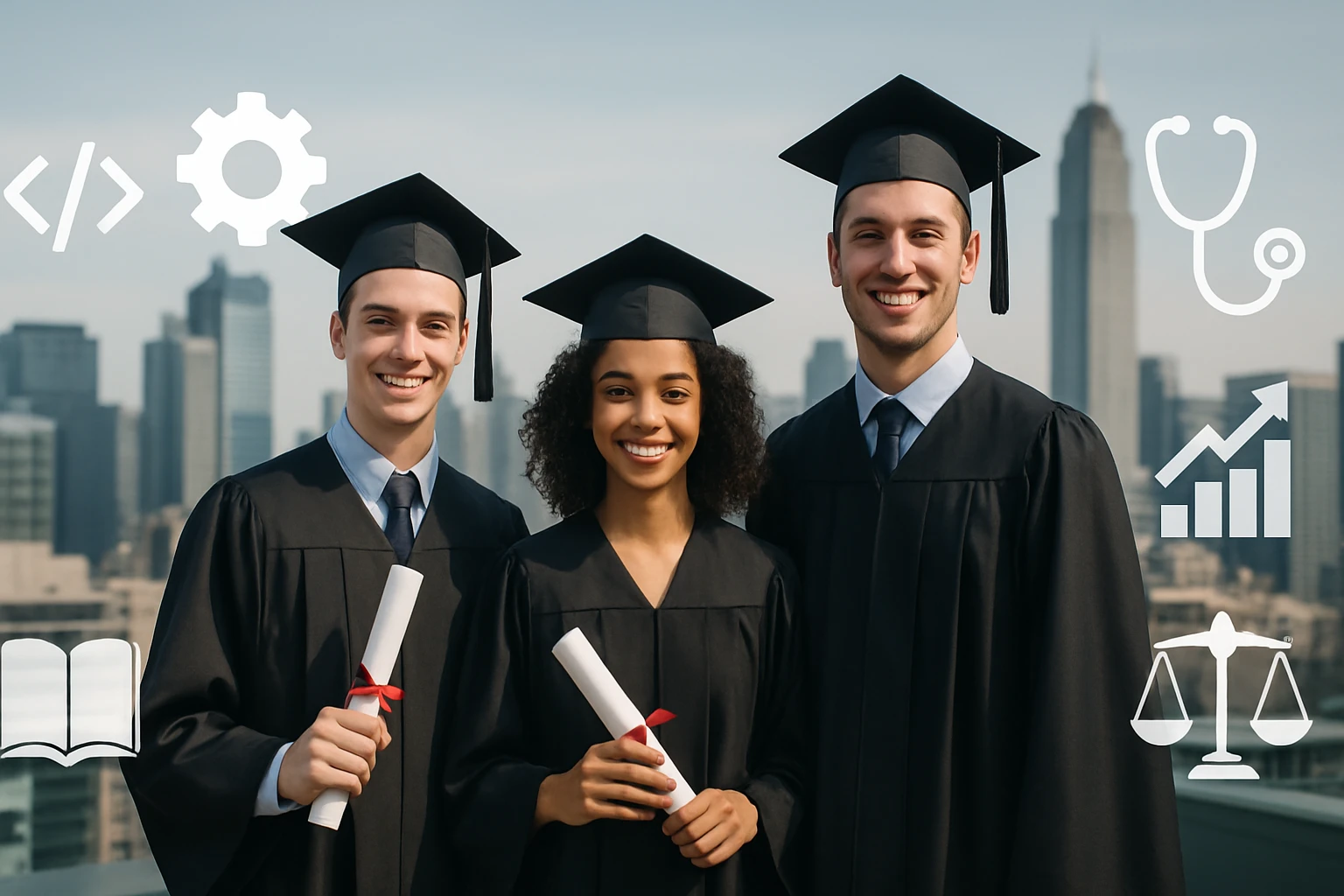 Traja absolventi stoja na streche s mestským panorámou, každý drží diplom.