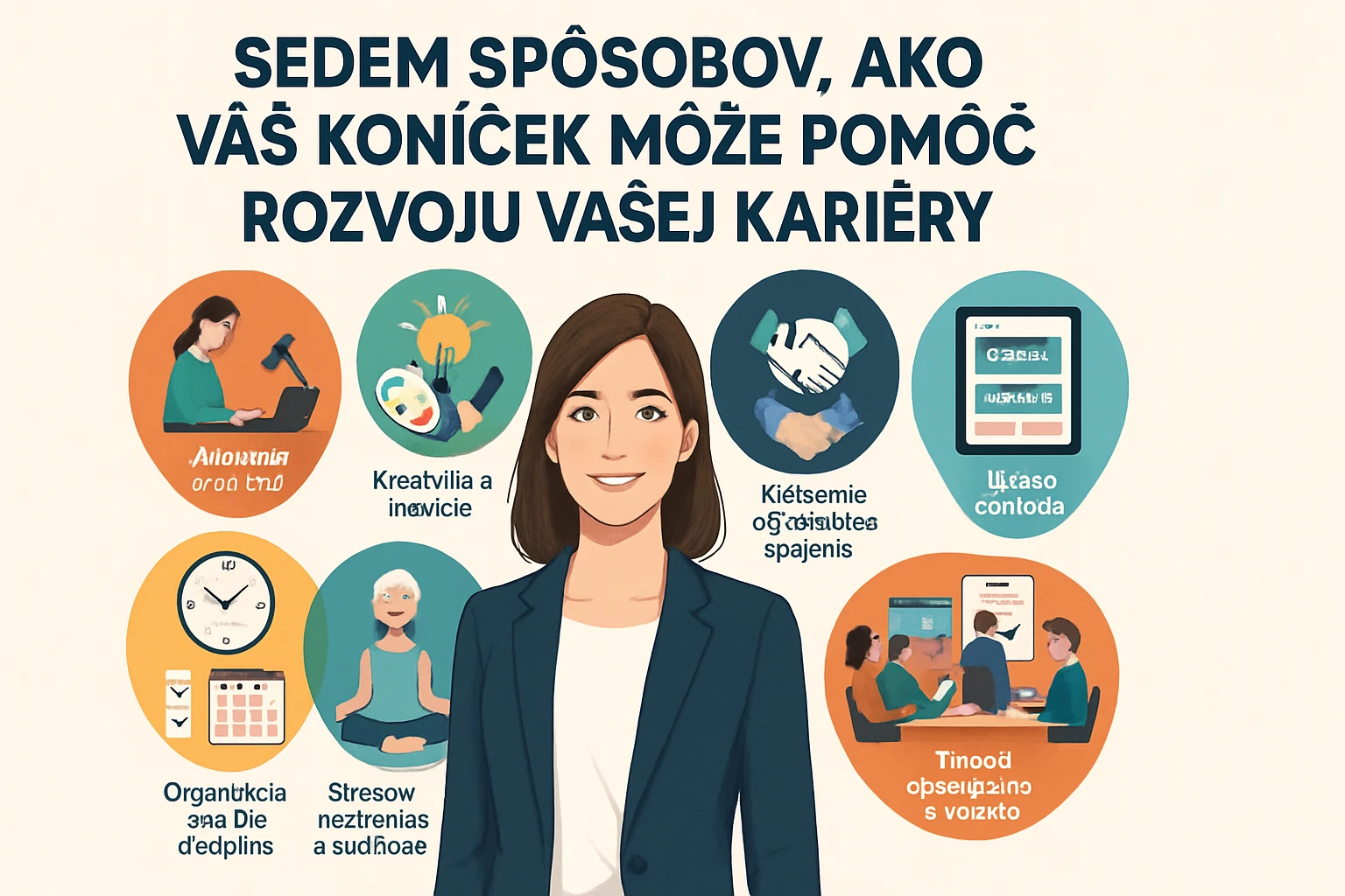 Ilustrácia ženy v obleku s rôznymi ikonami znázorňujúcimi koníčky a ich prínos pre kariéru.