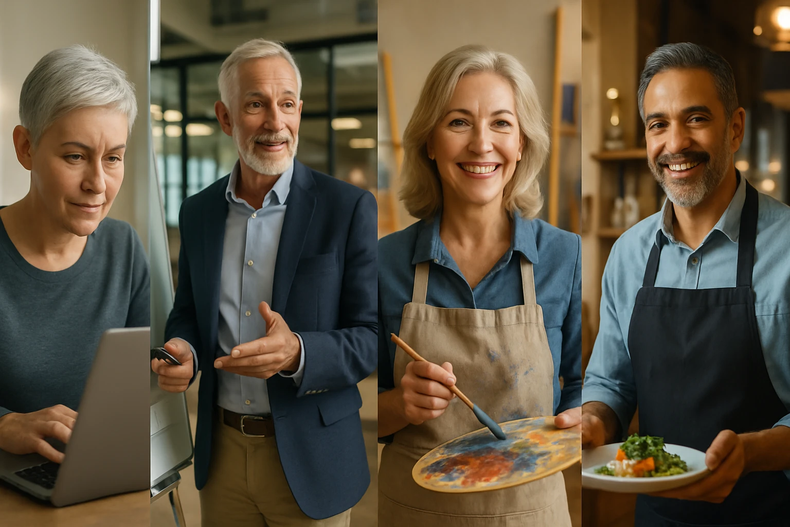 Skupina starších ľudí zapojených do rôznych aktivít, ako je práca na počítači, maľovanie a varenie.