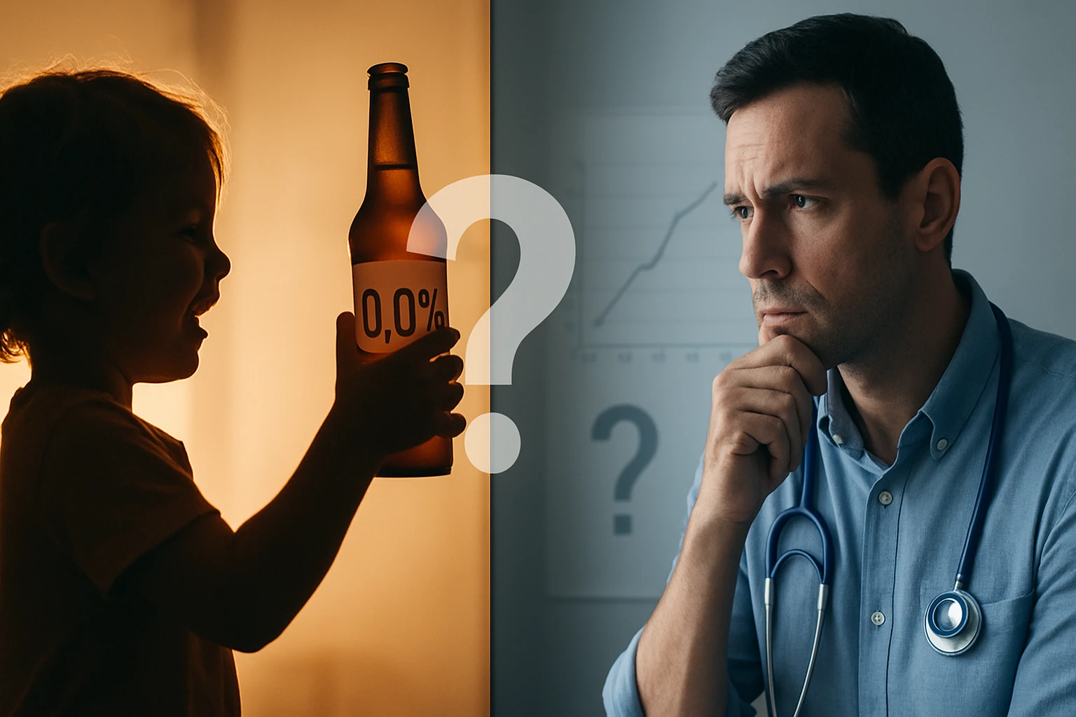 Dieťa drží fľašu s označením 0,0% alkoholu, zatiaľ čo dospelý muž premýšľa.