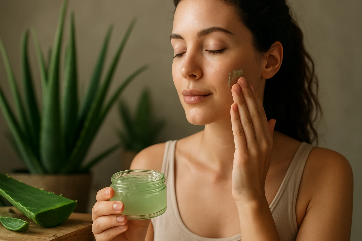 Žena nanáša aloe vera gél na tvár, zatiaľ čo drží sklenenú nádobu.