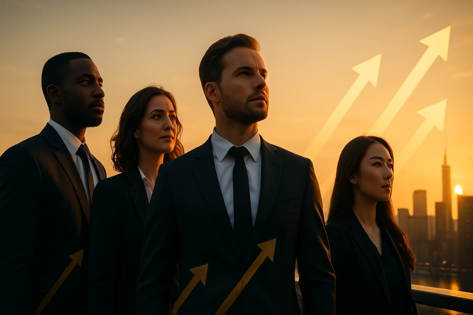 Štyria profesionáli v oblekoch sledujú horizont pri západe slnka, symbolizujúci ambície.
