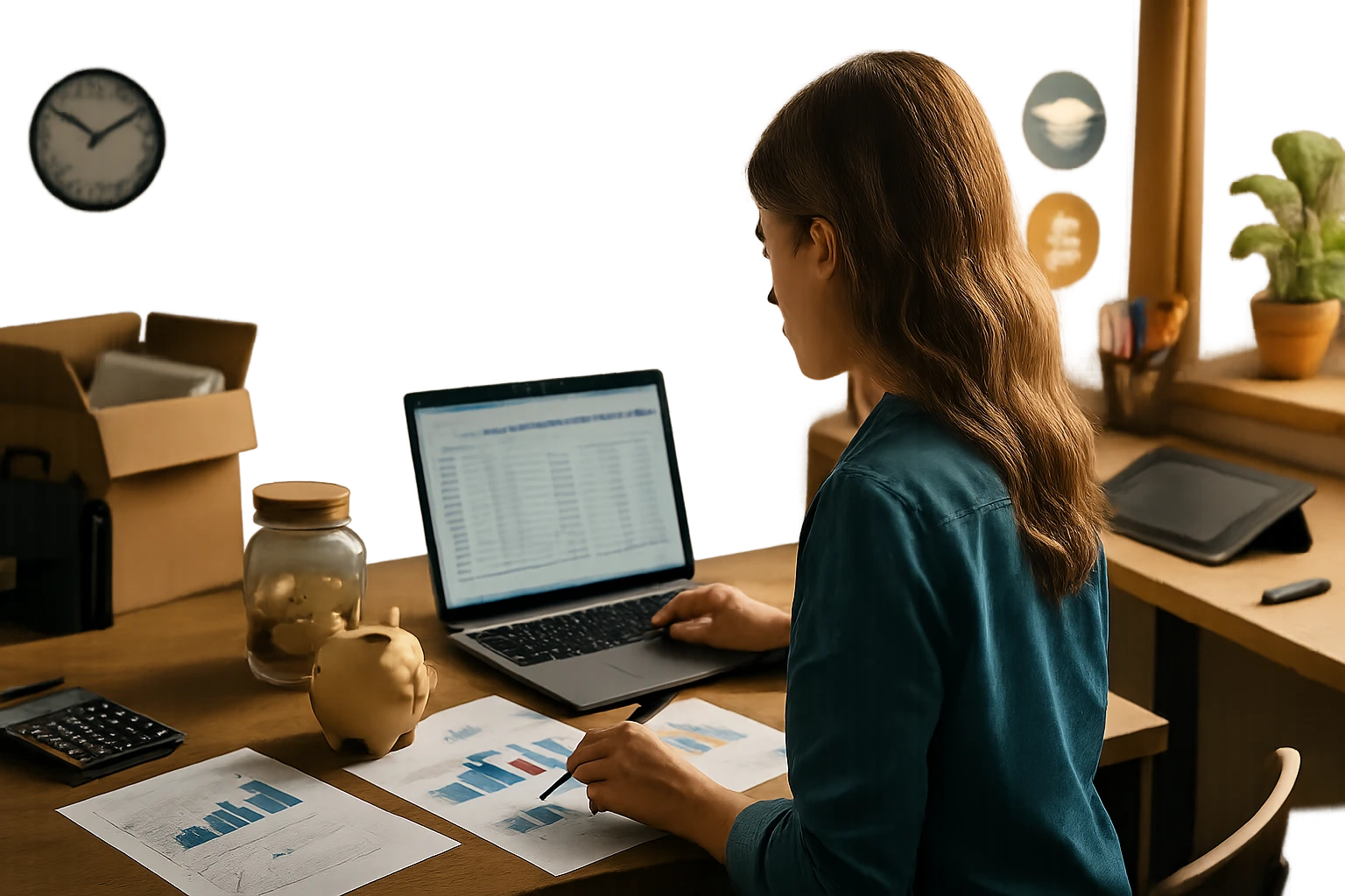 Žena sedí pri stole a analyzuje grafy na papieri a počítači.