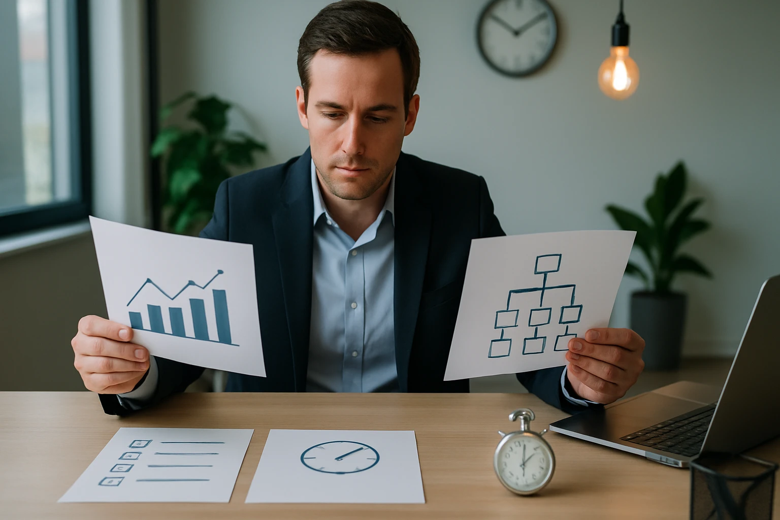 Muž v obleku analyzuje grafy a diagramy na stole v kancelárii.
