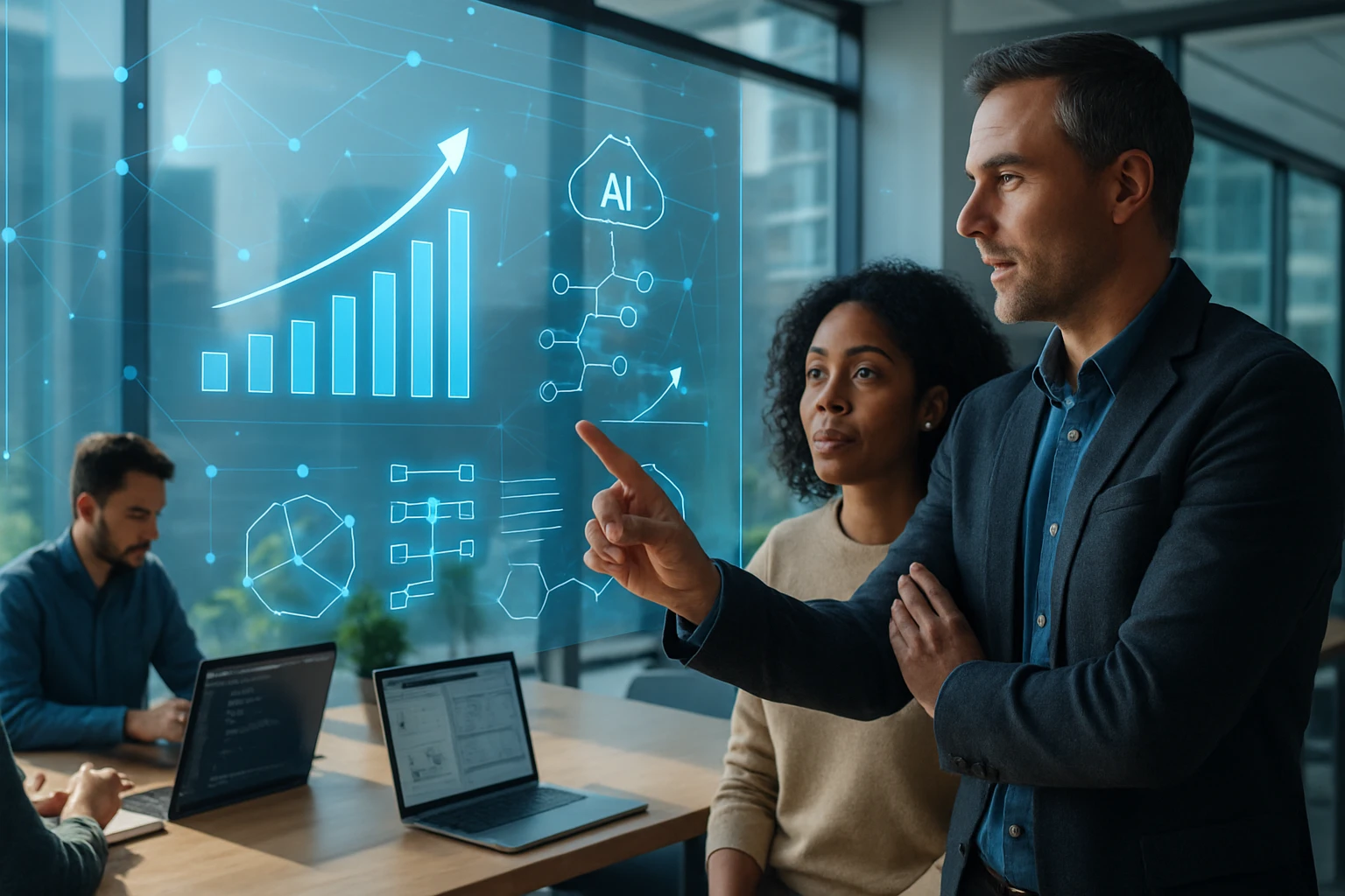 Dve osoby, muž a žena, diskutujú o dátach a trendoch na digitálnom displeji.