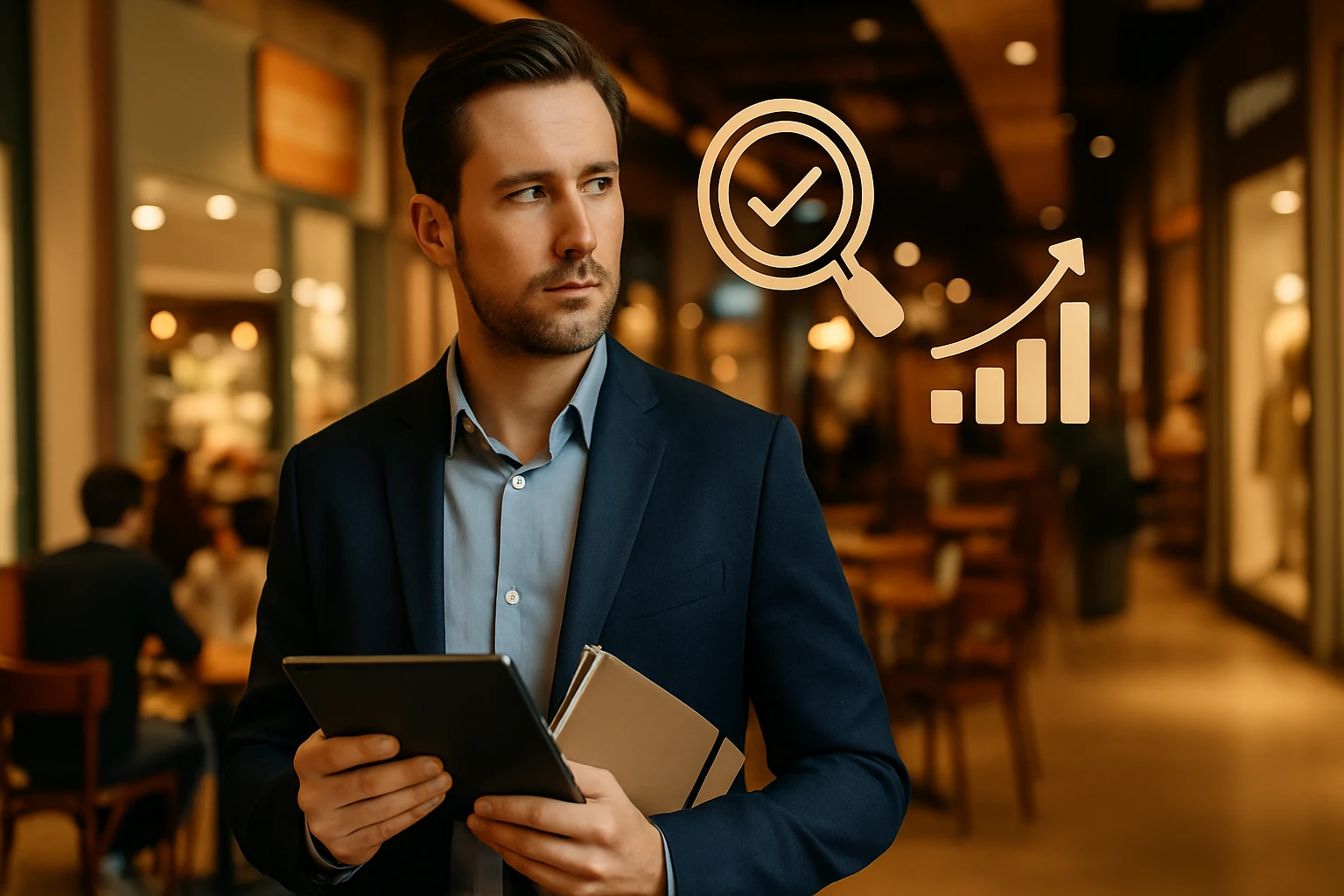 Muž v obleku s tabletom a zápisníkom, zamyslený nad analýzou dát.