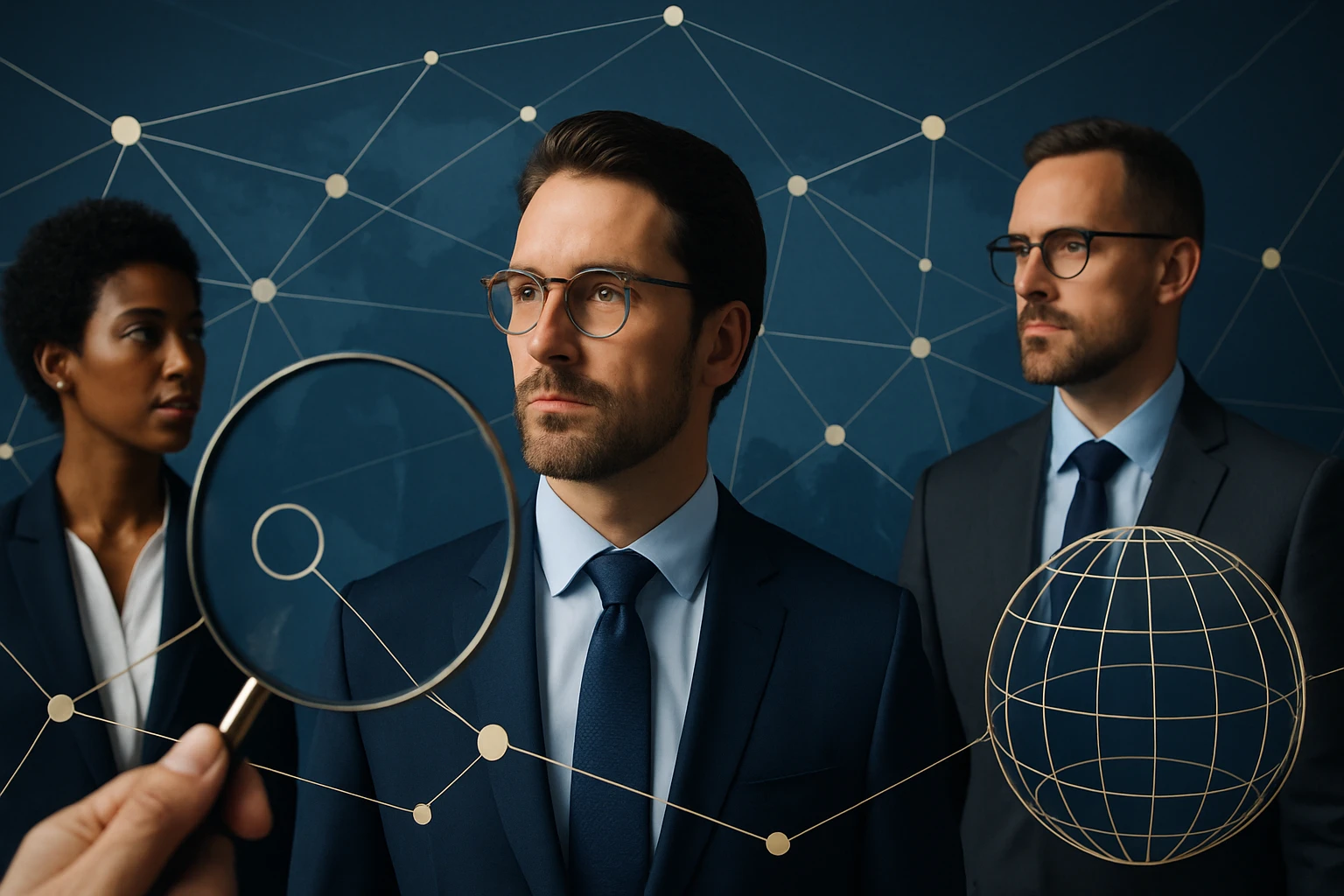 Skupina profesionálov v oblekoch s lupou a globálnou sieťou v pozadí.
