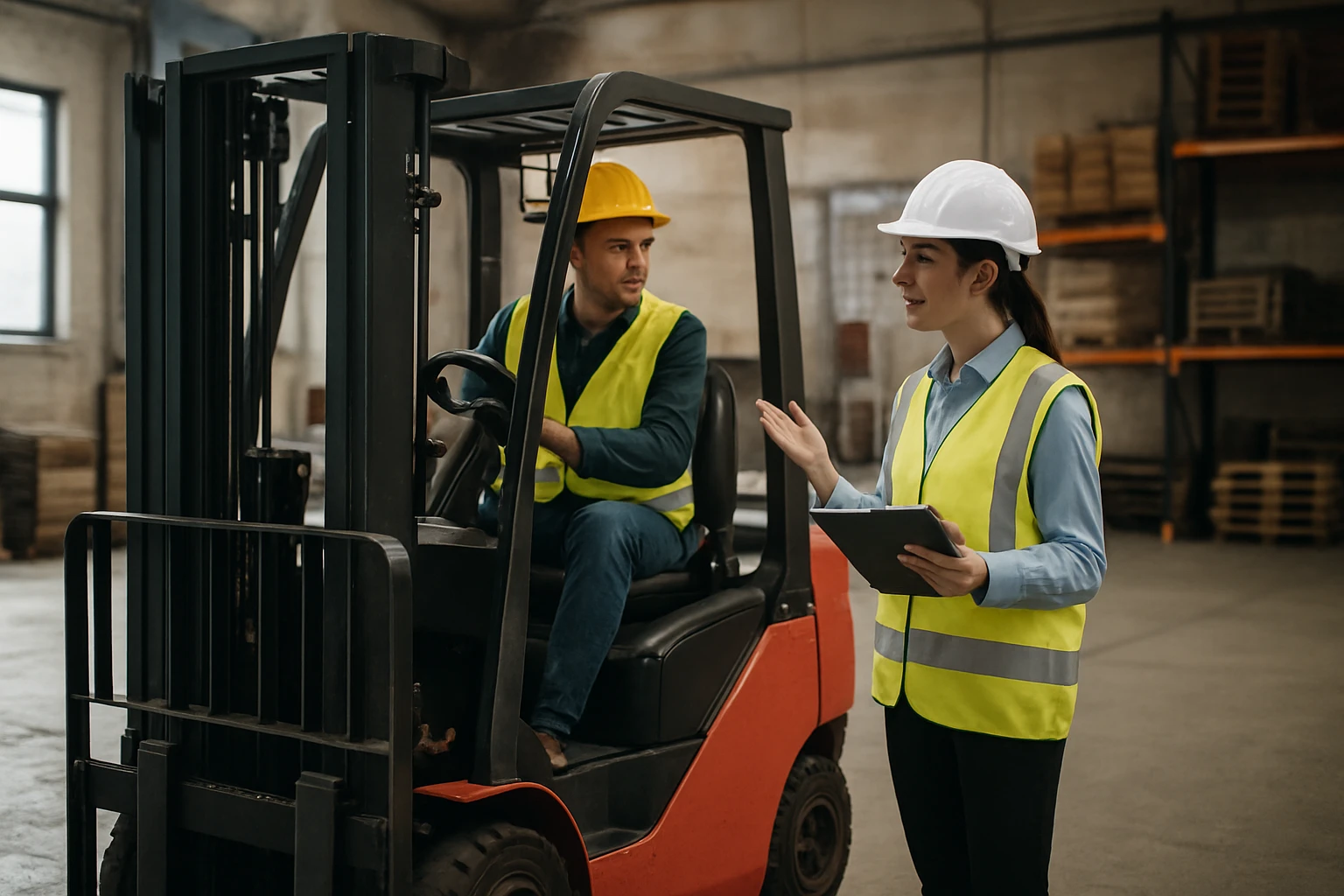 Žena v reflexnej veste hovorí s mužom sediacim na vysokozdvižnom vozíku.