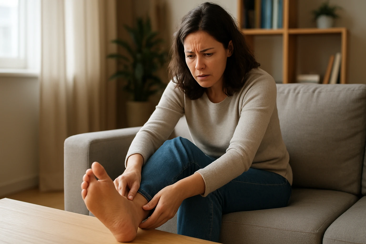 Žena sediaca na pohovke, ktorá sa chytá za členok a vyzerá znepokojene.
