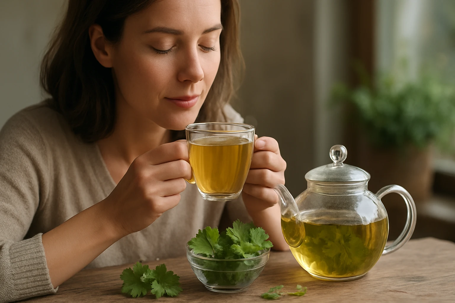 Žena si vychutnáva šálku bylinkového čaju s čerstvým koriandrom.