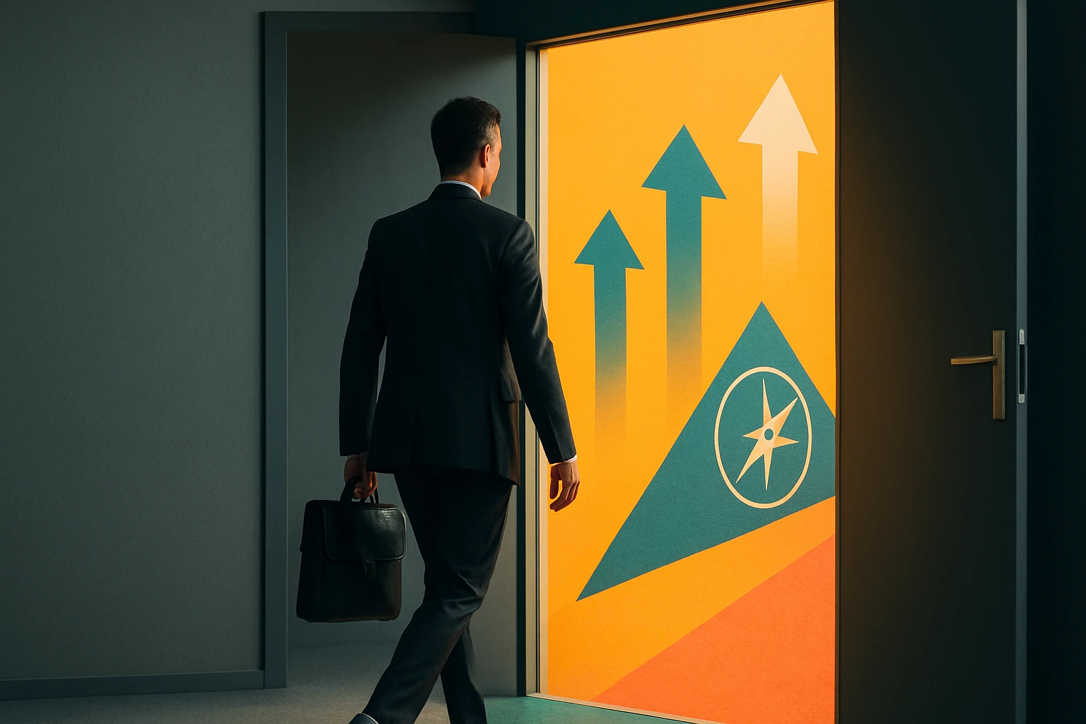 Muž v obleku kráča cez otvorené dvere k farebnému grafu rastu.