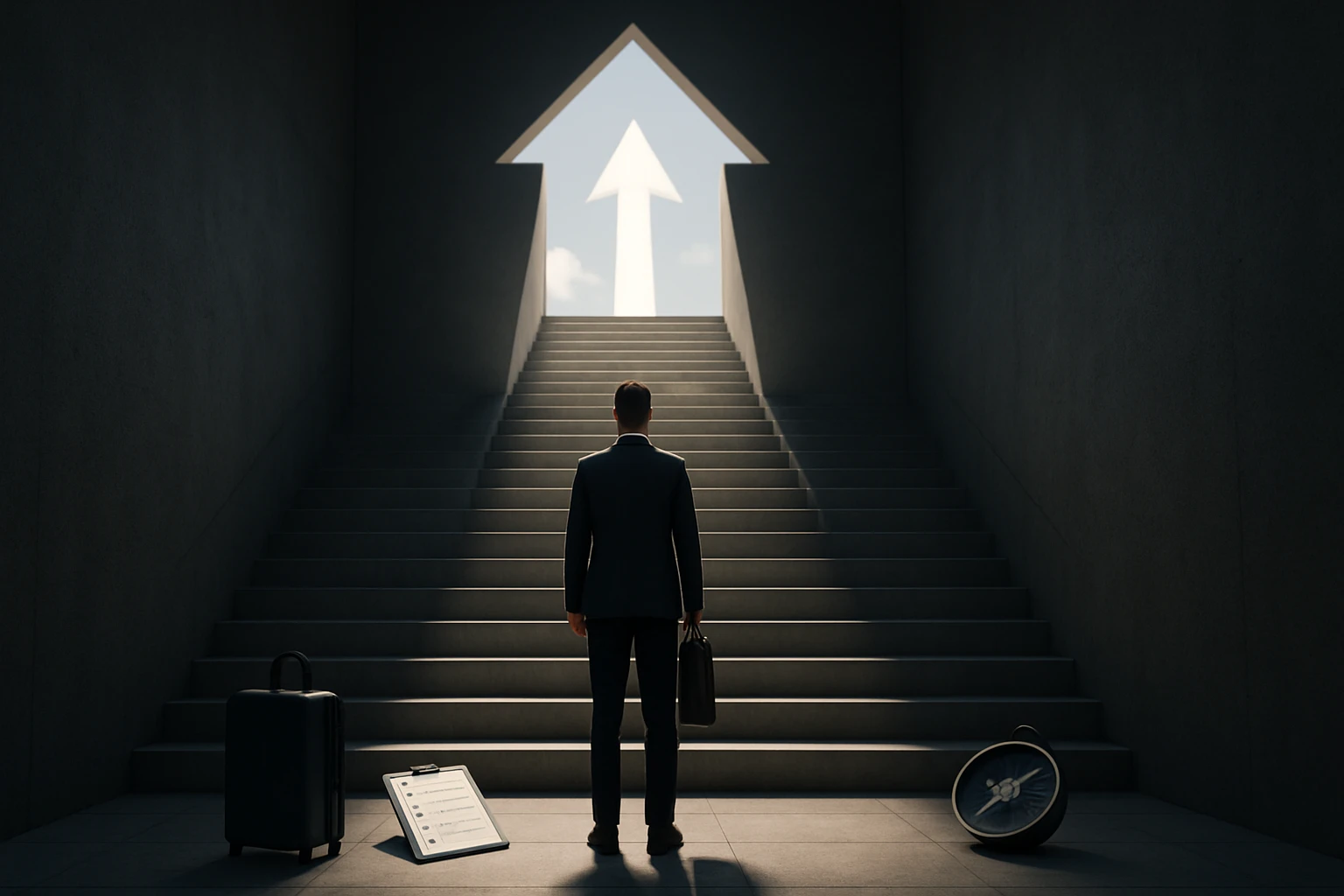 Muž v obleku stojí na schodoch s kufrom a kompasom, hľadí na svetlo.