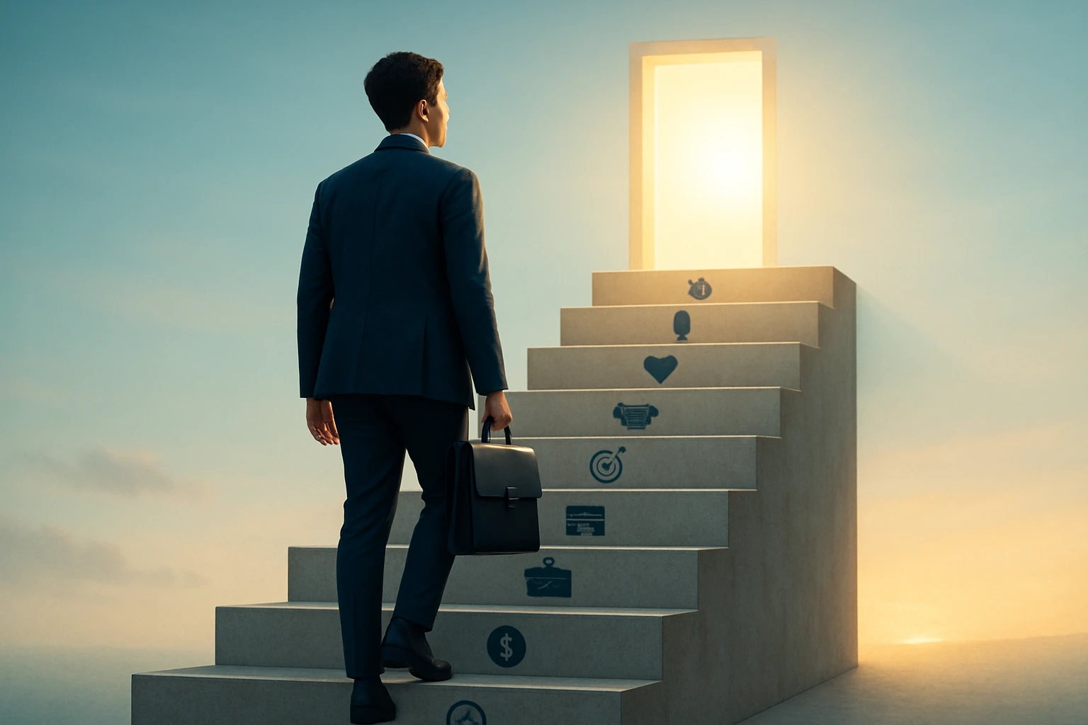 Muž v obleku kráča po schodoch k otvoreným dverám na horizonte.