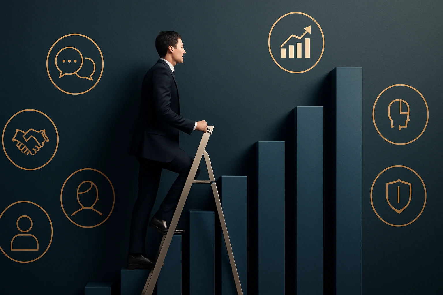 Muž v obleku stúpa po rebríku vedľa grafu rastu a ikon.