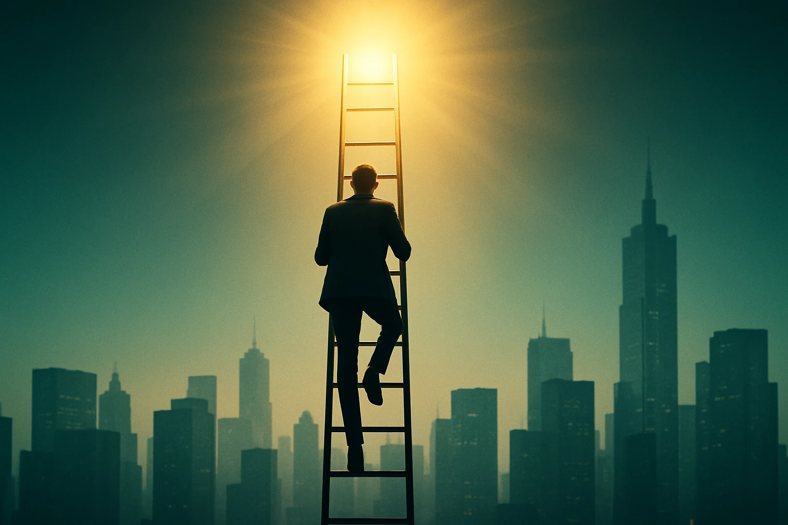 Muž v obleku stúpa po rebríku smerom k svetlu nad mestskou panorámou.