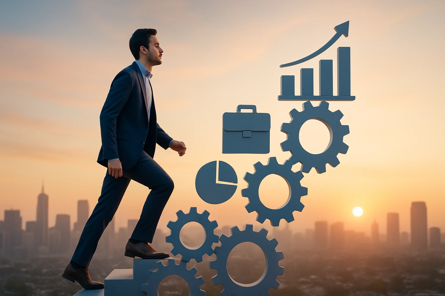 Muž v obleku kráča po schodoch s grafmi a ozubenými kolesami v pozadí.