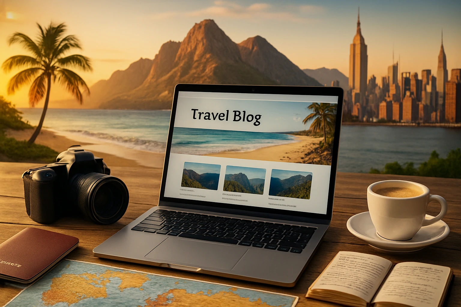 Notebook s webovou stránkou o cestovaní, fotoaparát a mapa na stole pri pláži.