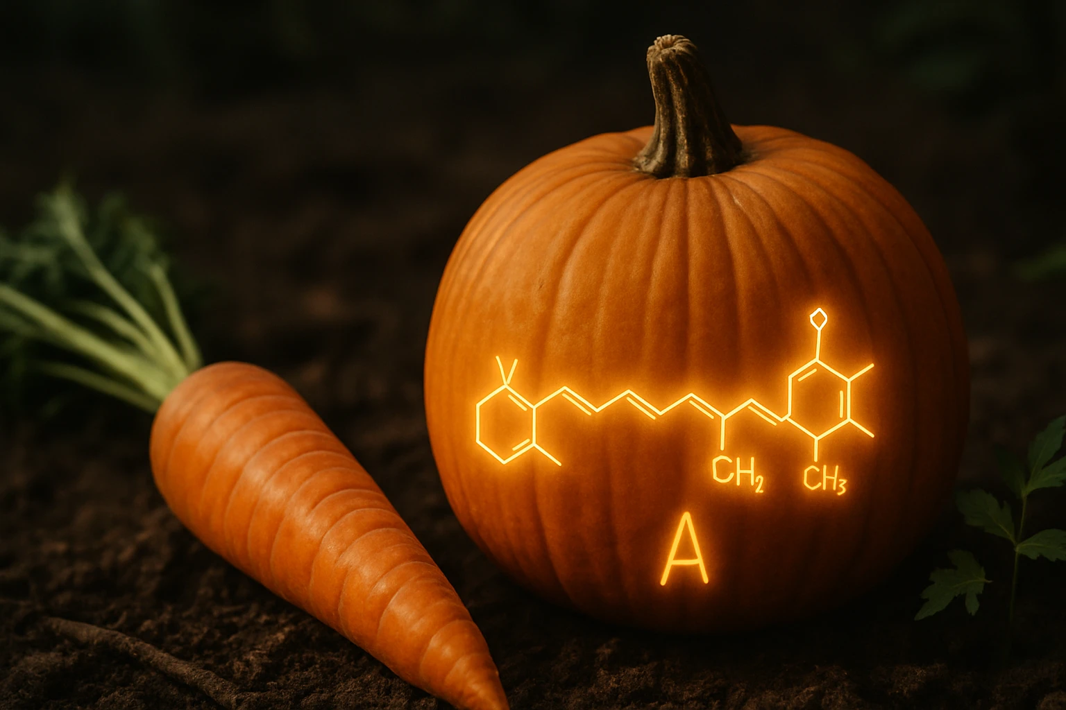 Tekvica s chemickou štruktúrou a mrkva na hnedozemnom pozadí.